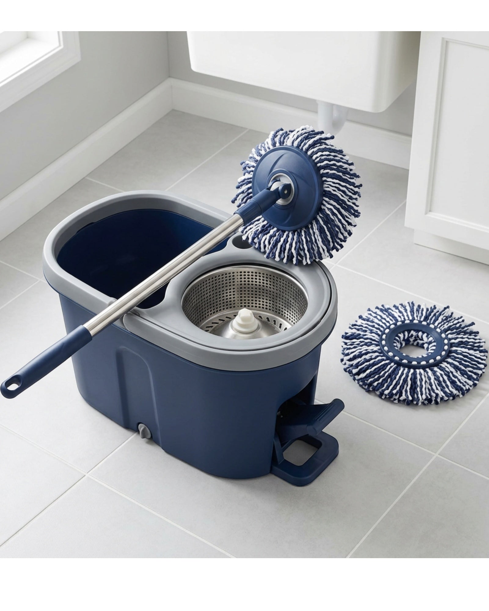 Laft Foot-Pedal Spin Mop and Dual-Section Bucket Set Navy - Lifestyle view